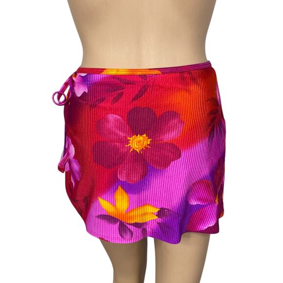 Vtg 80s Red Pink Tropical Floral Beach Swim Wrap Mini Skirt One Size - Picture 4 of 6